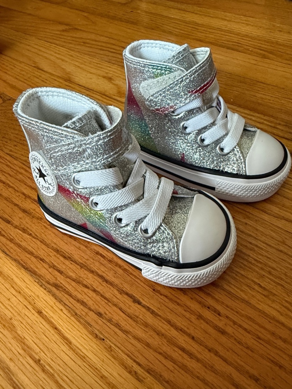 Converse Kids Silver Glitter High-Tops with Rainbow Detail